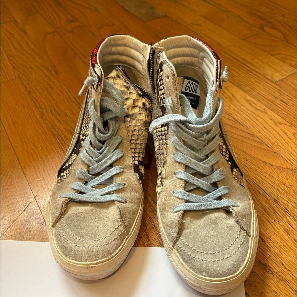 Golden Goose Beige and Snake Print High-Top Sneakers